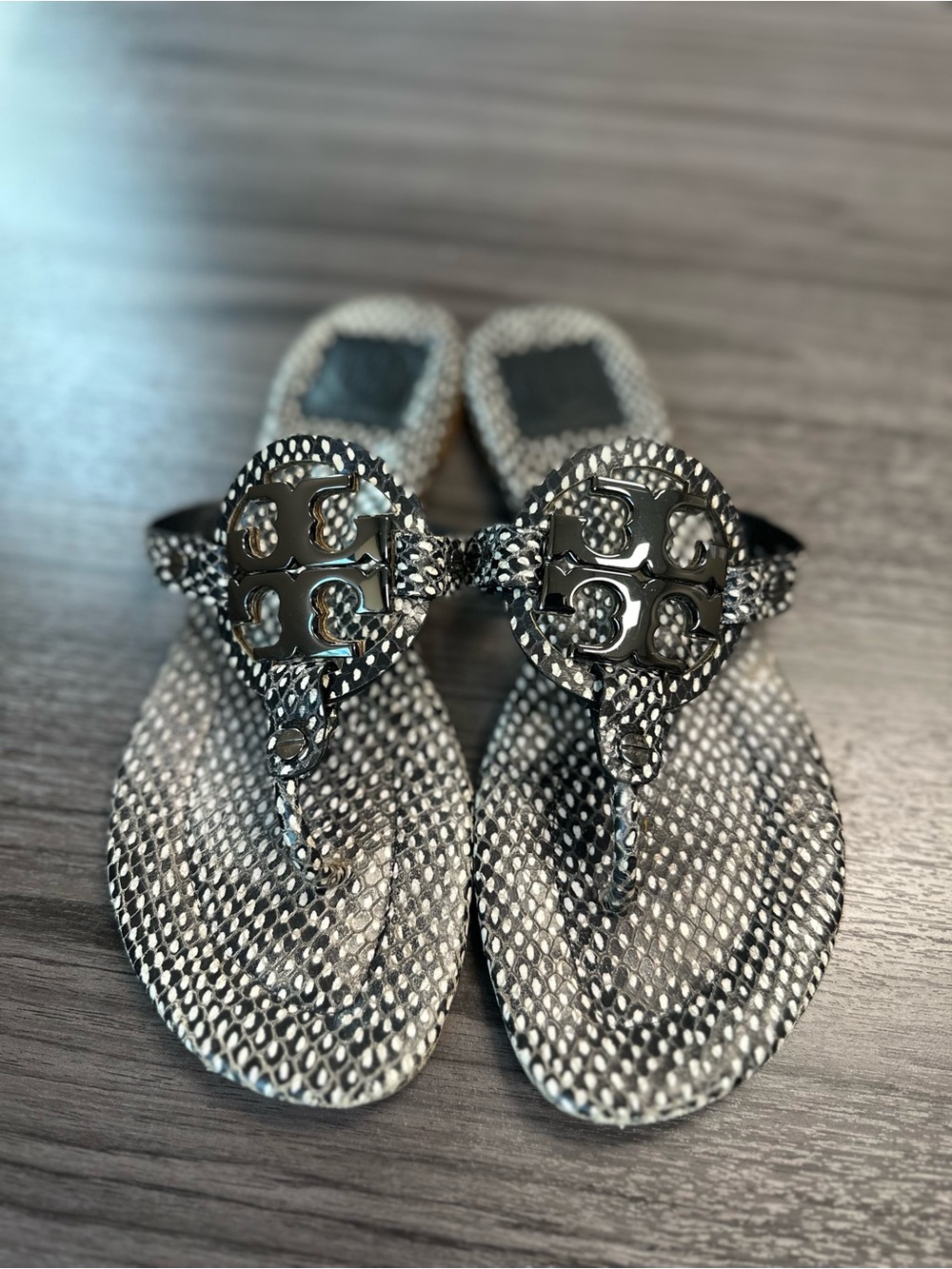 Tory Burch Black and Silver Logo Thong Sandals